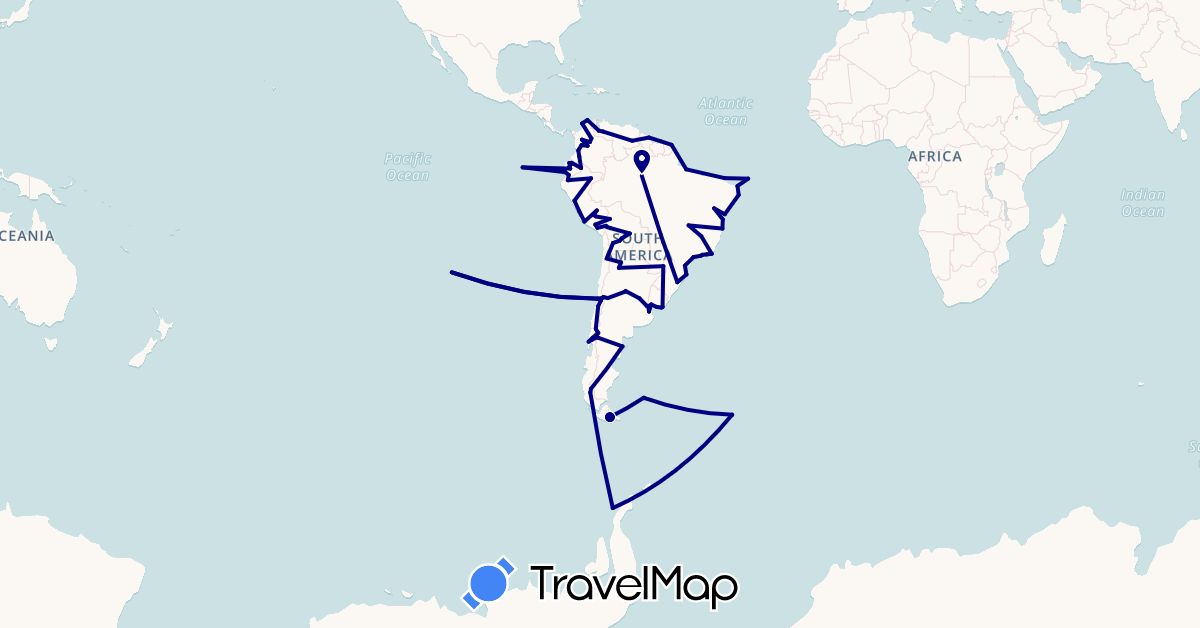 TravelMap itinerary: driving in Antarctica, Argentina, Bolivia, Brazil, Chile, Colombia, Ecuador, Falkland Islands, French Guiana, South Georgia and the South Sandwich Islands, Guyana, Peru, Suriname, Uruguay, Venezuela (Antarctica, South America)