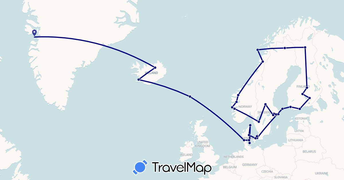 TravelMap itinerary: driving in Åland Islands, Denmark, Finland, Faroe Islands, Greenland, Iceland, Norway, Sweden (Europe, North America)