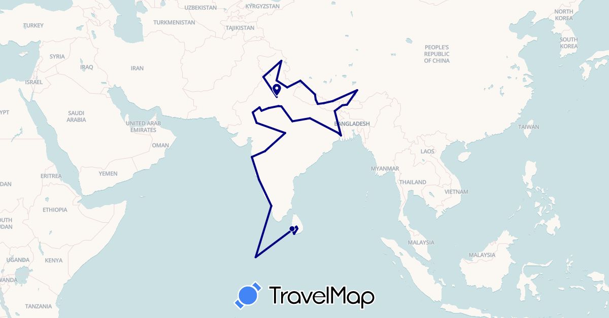 TravelMap itinerary: driving in Bhutan, China, India, Sri Lanka, Maldives, Nepal (Asia)