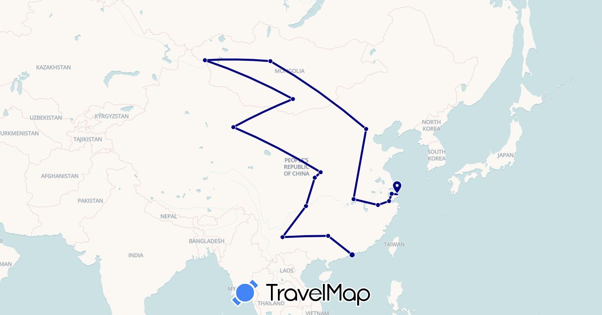 TravelMap itinerary: driving in China, Hong Kong, Mongolia (Asia)