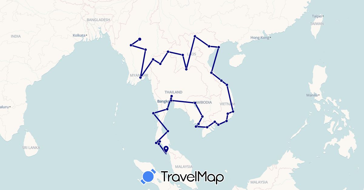 TravelMap itinerary: driving in Cambodia, Laos, Myanmar (Burma), Malaysia, Thailand, Vietnam (Asia)