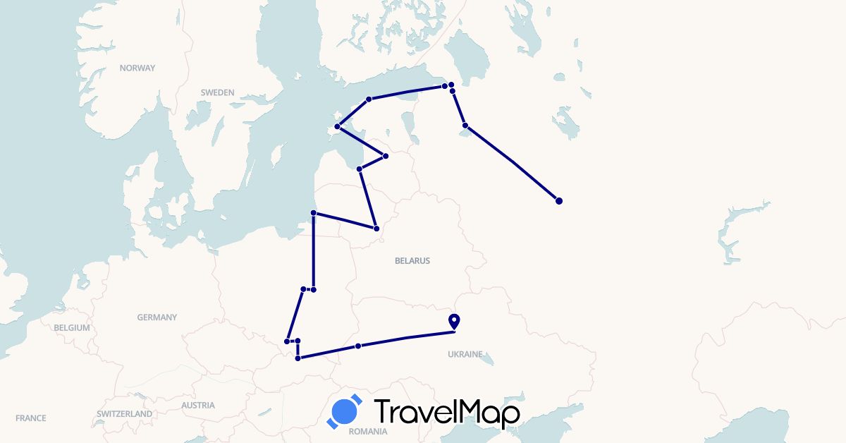 TravelMap itinerary: driving in Estonia, Lithuania, Latvia, Poland, Russia, Ukraine (Europe)