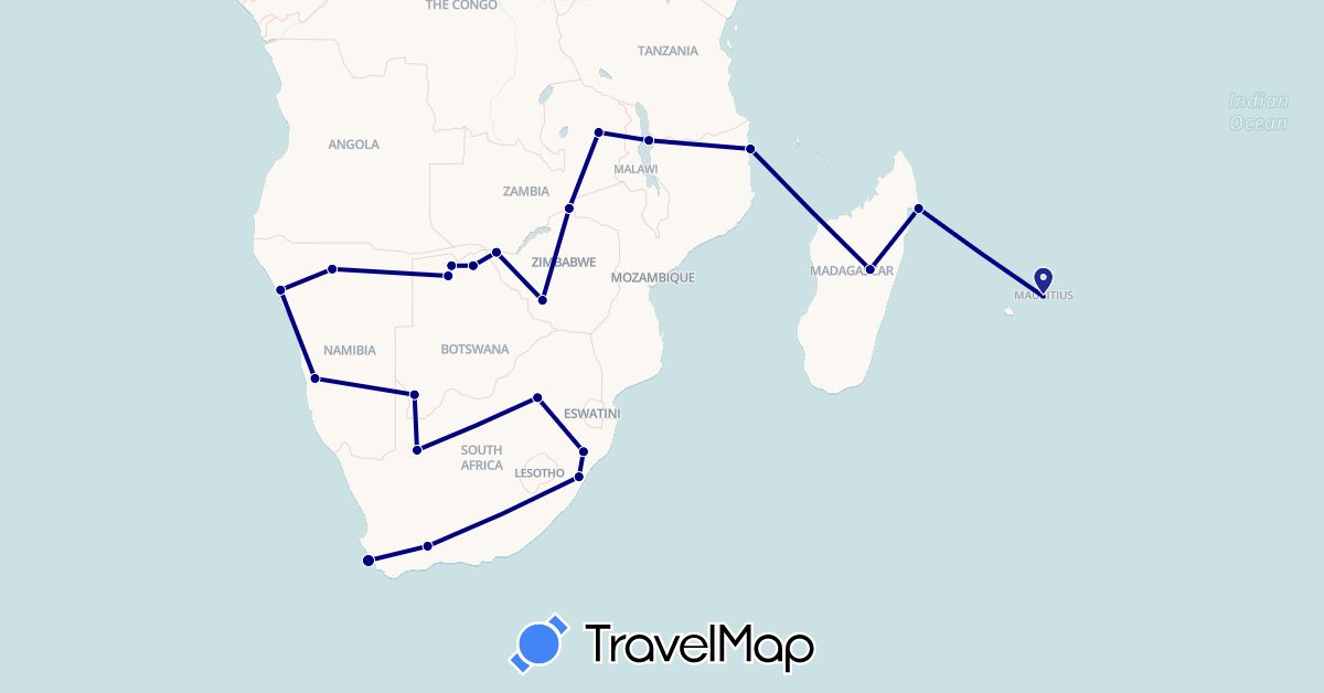 TravelMap itinerary: driving in Botswana, Madagascar, Mauritius, Mozambique, Namibia, South Africa, Zambia, Zimbabwe (Africa)