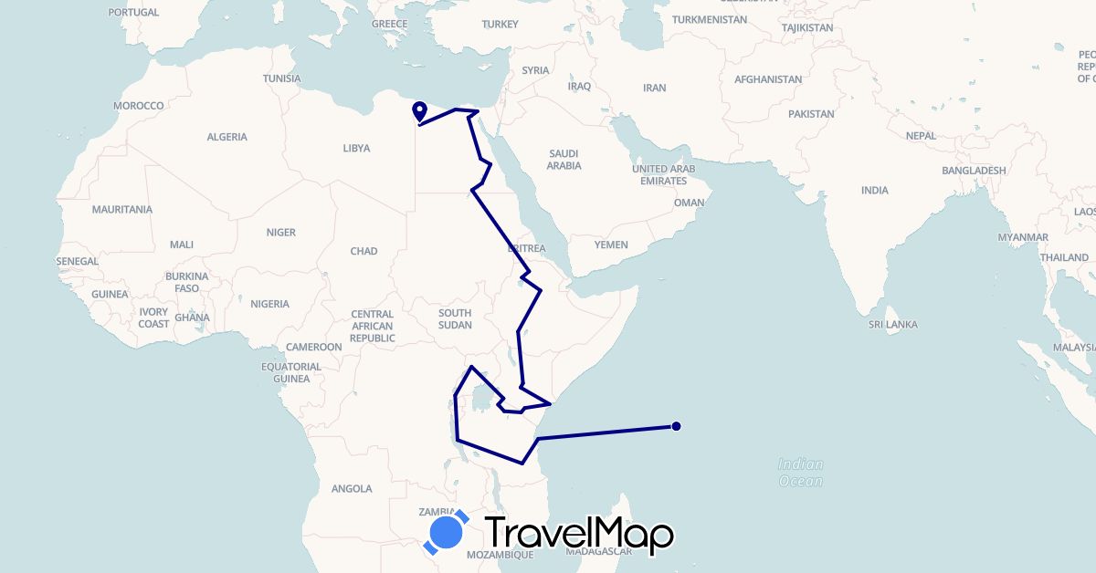 TravelMap itinerary: driving in Egypt, Ethiopia, Kenya, Seychelles, Tanzania, Uganda (Africa)