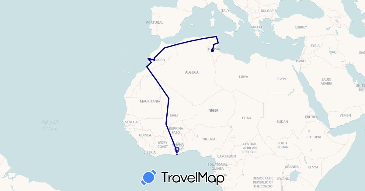 TravelMap itinerary: driving in Ghana, Morocco, Mali, Tunisia (Africa)