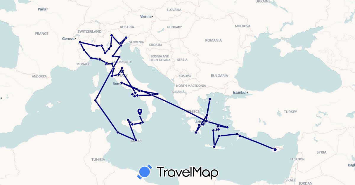TravelMap itinerary: driving in Cyprus, Greece, Italy, Malta (Asia, Europe)
