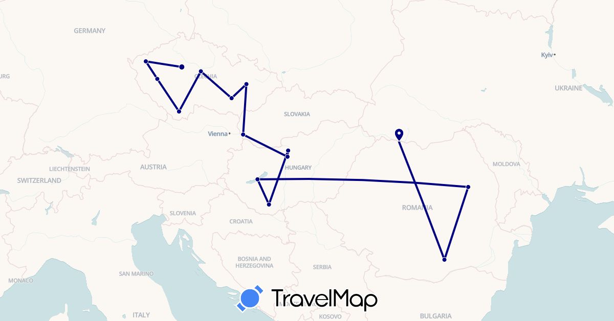TravelMap itinerary: driving in Czech Republic, Hungary, Romania, Slovakia (Europe)