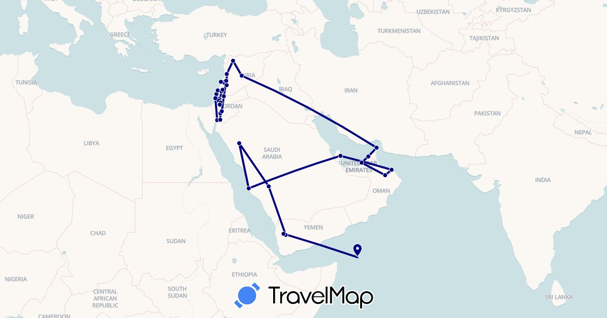 TravelMap itinerary: driving in United Arab Emirates, Israel, Jordan, Lebanon, Oman, Qatar, Saudi Arabia, Syria, Yemen (Asia)